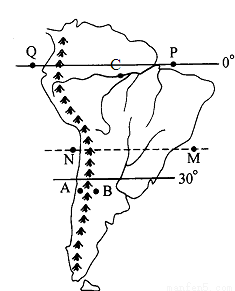 读南美洲示意图,回答:(13分)
