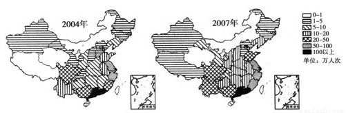 下图为2004年和2007年台胞游客分布示意图.