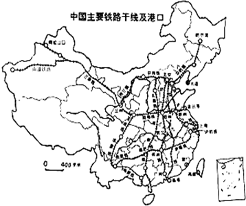 读"中国铁路分布图",回答8～11题.