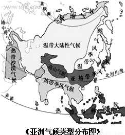 读"亚洲气候图"回答:(1)写出图中序号代表的气候类型