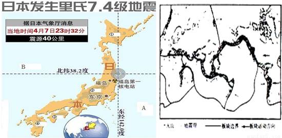 读日本略图，回答下列问题①填出图中字母代表的地理名称:海洋:A____B____岛屿:C____D____②日本是一个多火山、地震的国家，主要是因为日本处在____板块和太平洋板块之间，地壳比较活跃.③日本工业主要分布在____和____沿岸的狭长地带.④日本的首都是____，位于____岛上.⑤日本经济发展的特征是____型经济.-乐乐题库