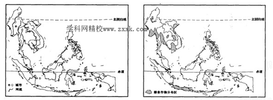 (5分)读东南亚主要城市分布图(图左)和东南亚某粮食作物种植区分布图