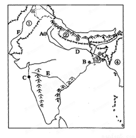 "读印度地形简图,回答问题(6分)①图中c."习题详情