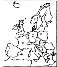 读欧洲西部政区简图,完成下列要求 将图中字母所代表的国家名称填在