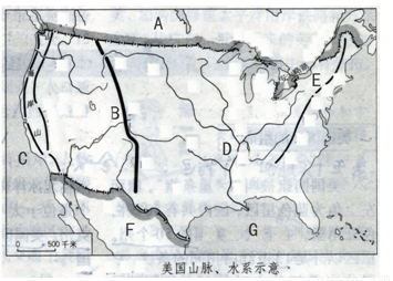 读"美国山脉,水系示意图",回答下列问题.(10分)