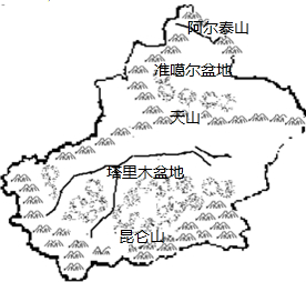 新疆的地形特点是"三山夹两盆",请在新疆轮廓图上,简单画出"三山"