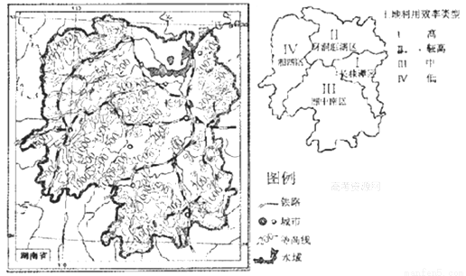 材料二 图1为湖南省地形图,图2为湖南省土地利用效率类型区划分布图.