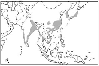 读"亚洲水稻的主要分布地区"图,完成下列问题:(10分)
