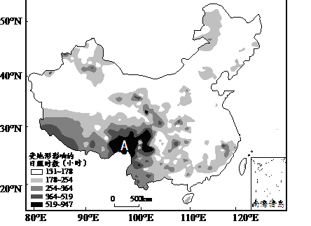 下图为我国受地形影响的日照时数(即地形对太阳照射光线的遮挡导致