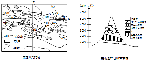 读"某区域等高线地形图"和"某山垂直自然带带谱",回答