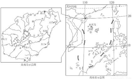 (2分) ① 海峡  ②  群岛 (2)海南岛的河流流向是  ,由此可知其地势